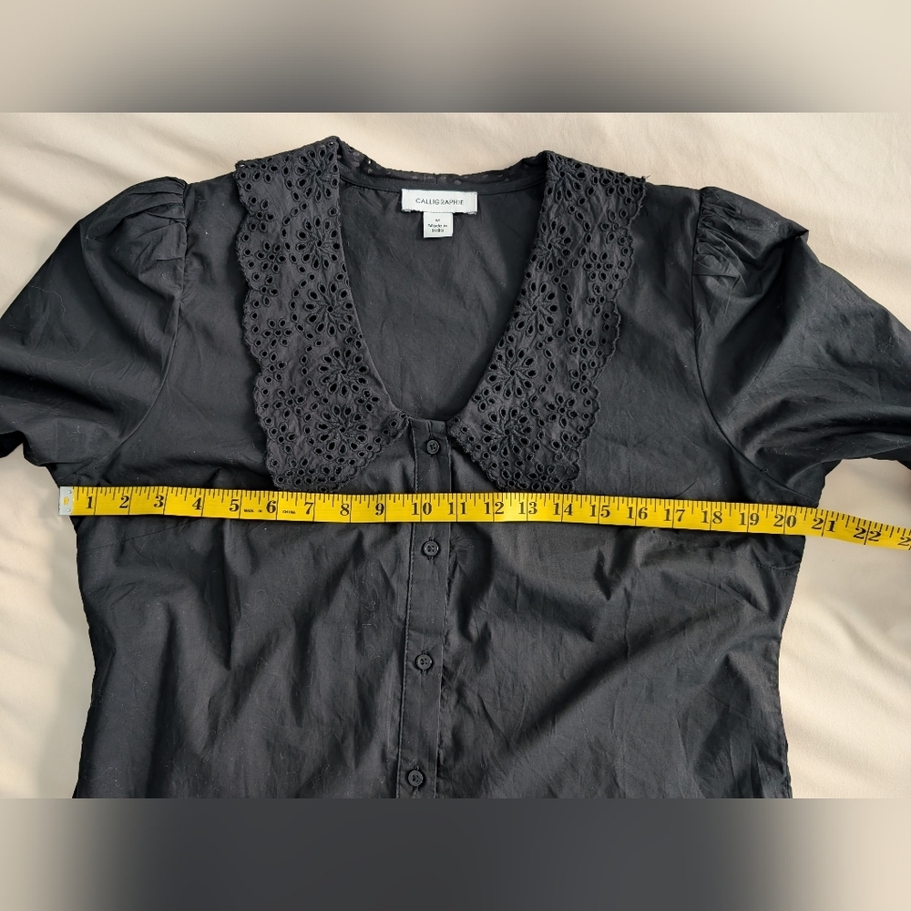 100% Cotton Calligraphie Black Eyelet Collar Long Sleeve Blouse Women's Size M - Picture 9 of 9